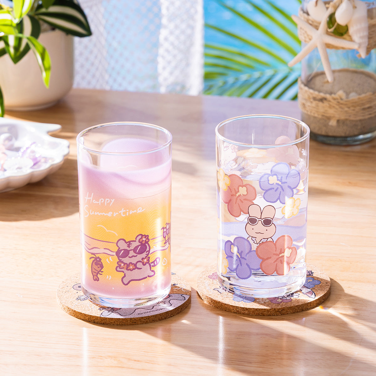 小白虎與黑虎蝦 度假風直身玻璃杯（墨鏡款大家）