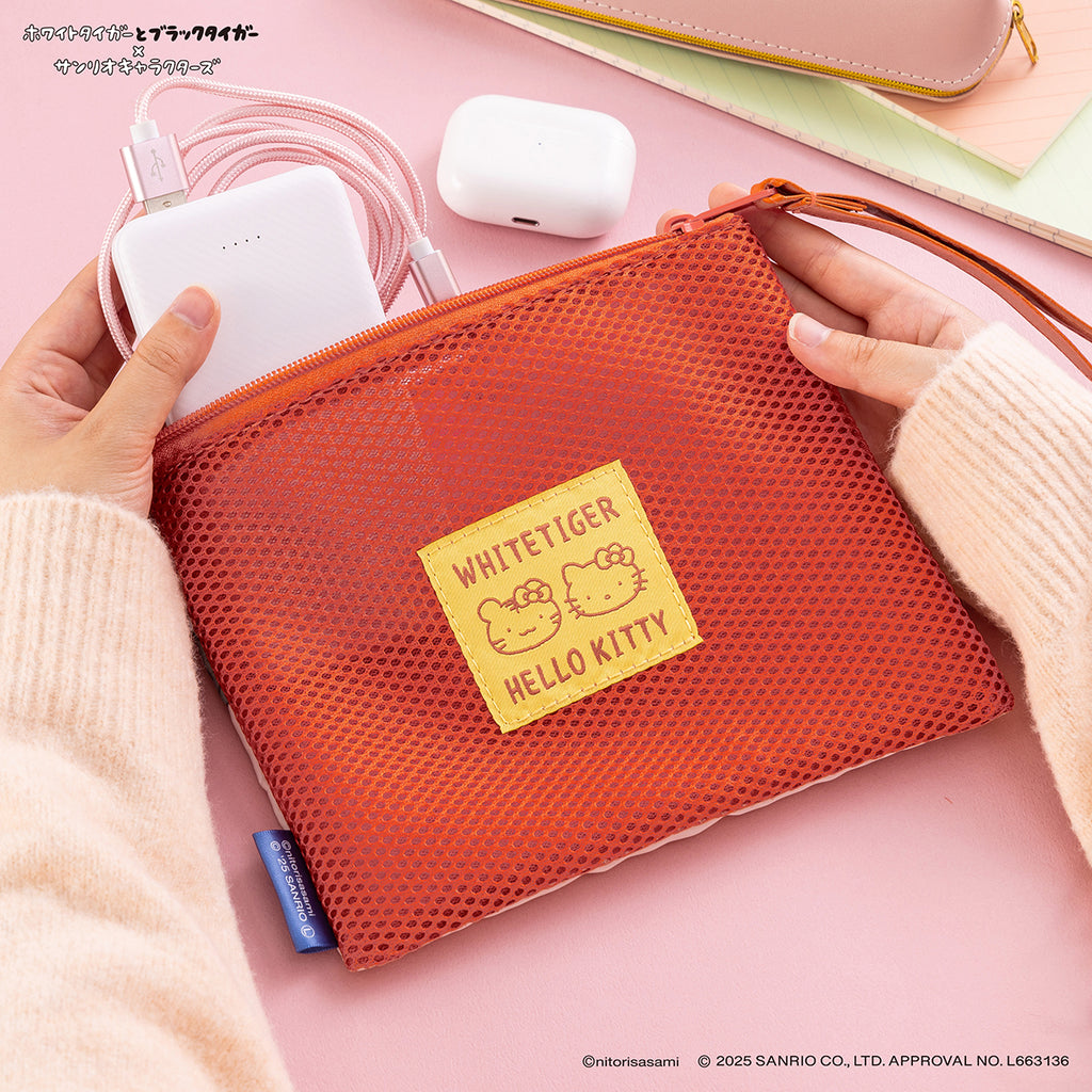 ホワイトタイガーとブラックタイガー×サンリオキャラクターズ 片面メッシュなフラットポーチ