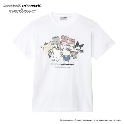 ホワイトタイガーとブラックタイガー×サンリオキャラクターズ Tシャツ みんな ホワイト