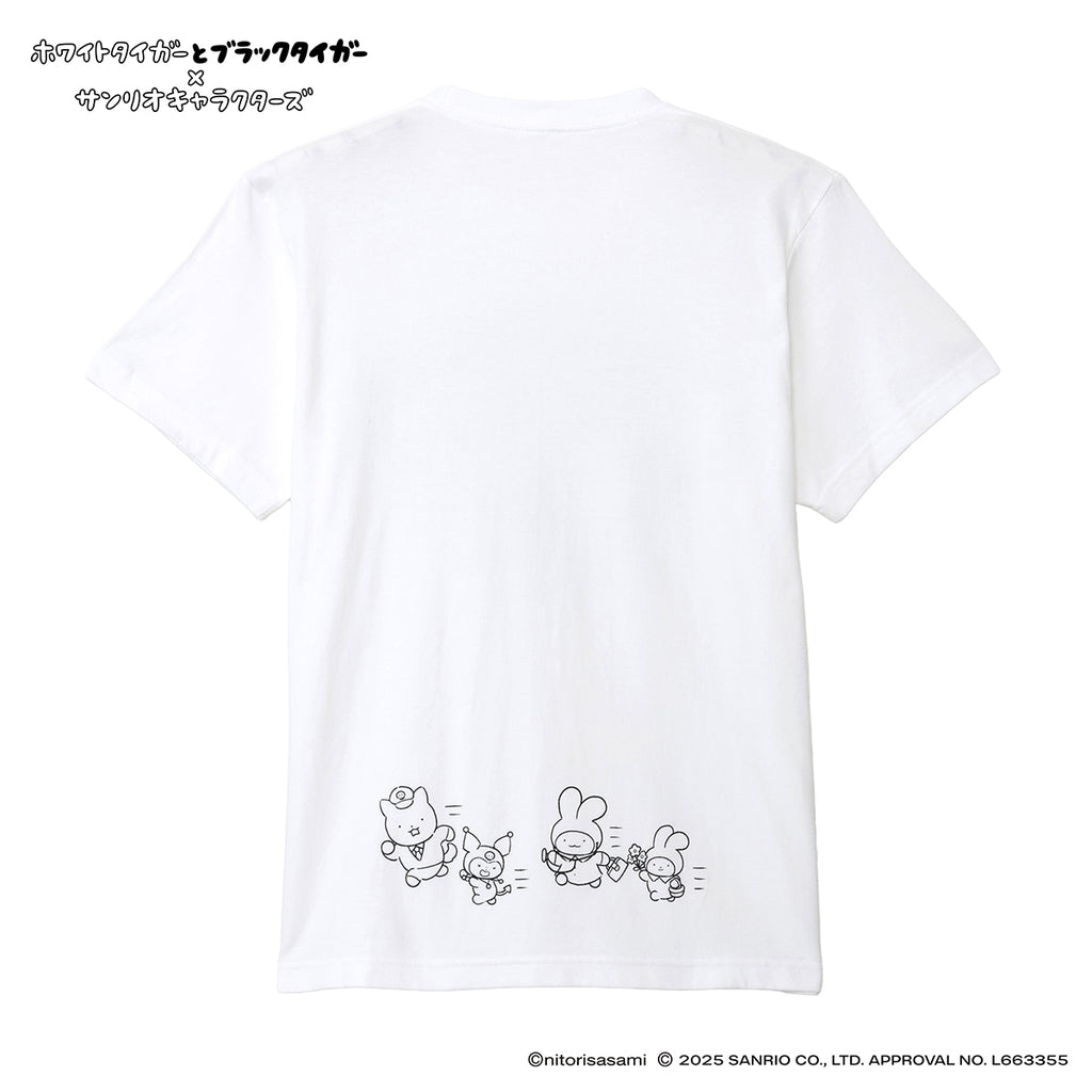 ホワイトタイガーとブラックタイガー×サンリオキャラクターズ Tシャツ みんな ホワイト