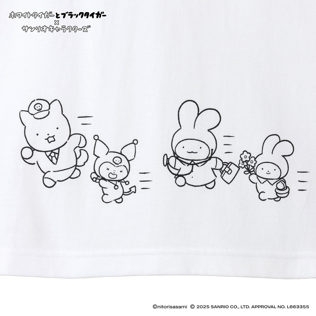 ホワイトタイガーとブラックタイガー×サンリオキャラクターズ Tシャツ みんな ホワイト