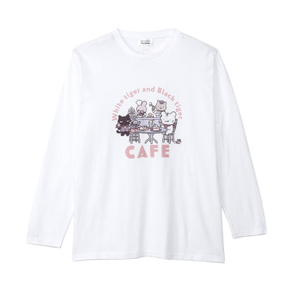 ホワイトタイガーとブラックタイガーカフェ 長袖Tシャツ メインビジュアル ホワイト